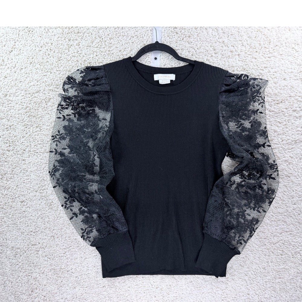 Cocobleu Lace Puff Sleeve Top Women Medium Black Excellent Ribbed Knit‎ Crewneck